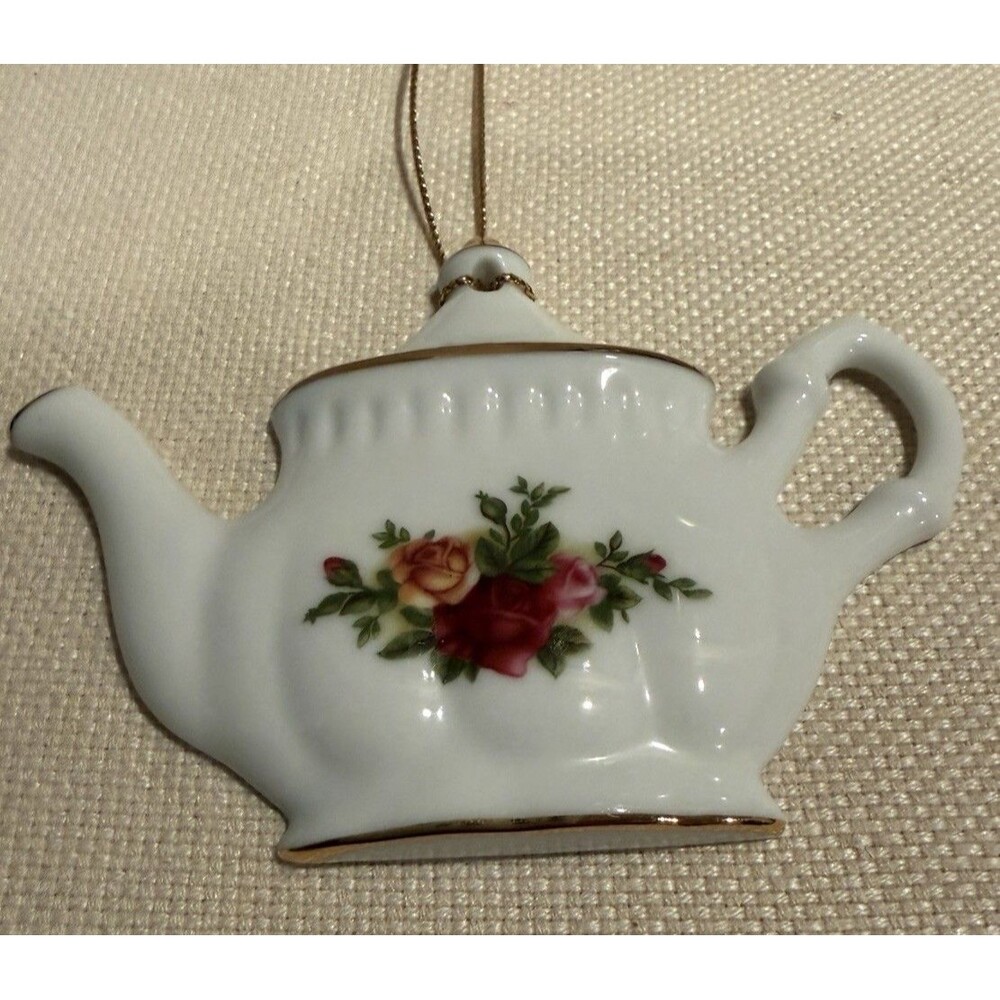VTG Royal Albert Old Country Roses Teapot-shaped Christmas Ornament Bone China